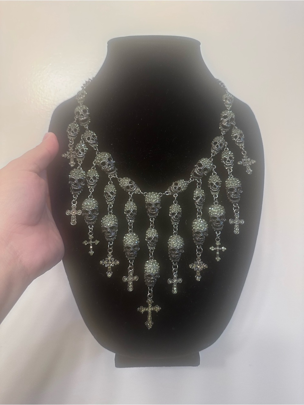 Crystal Skull & Cross Statement Necklace - Silver Tone